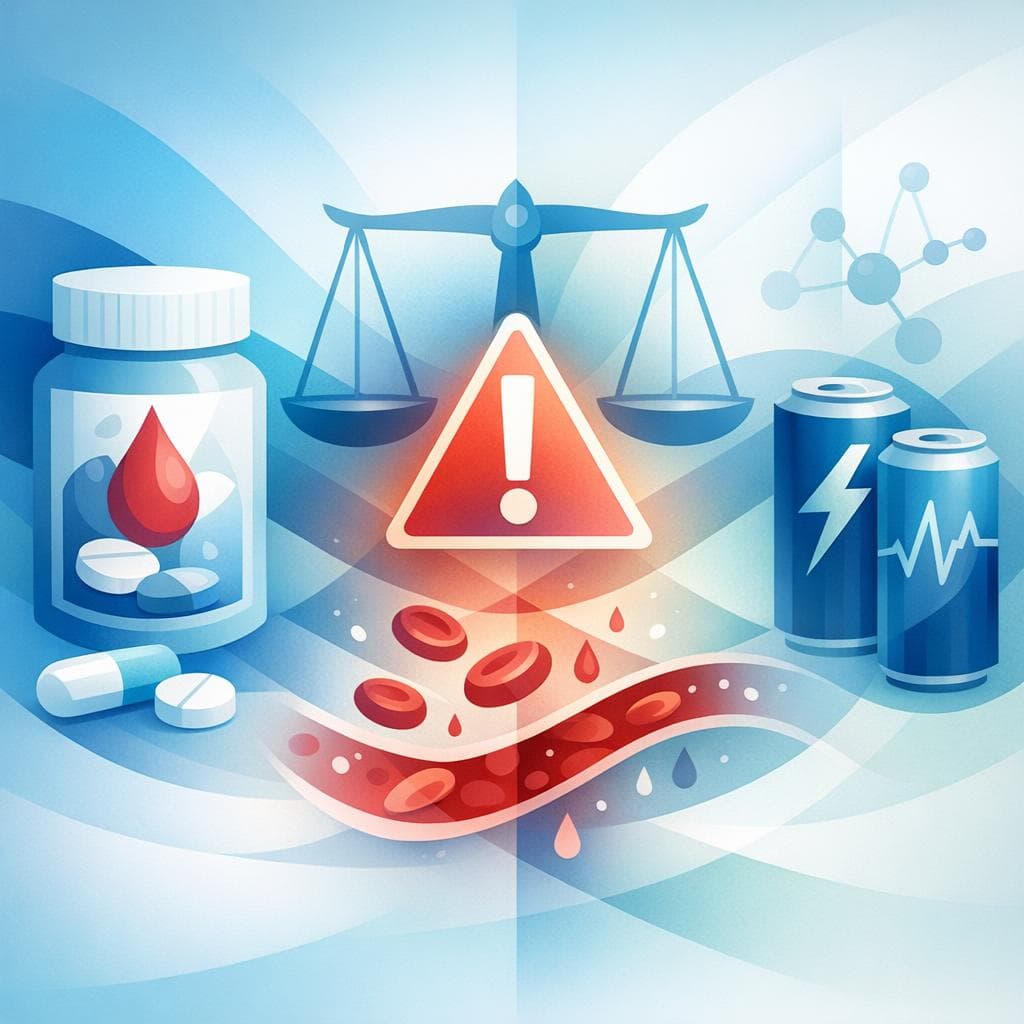 Medical illustration for Based on NIH | Is it safe to consume energy drinks while taking warfarin, and what maximum daily amount (in servings or caffeine milligrams) should I limit to avoid affecting my INR? - Persly Health Information