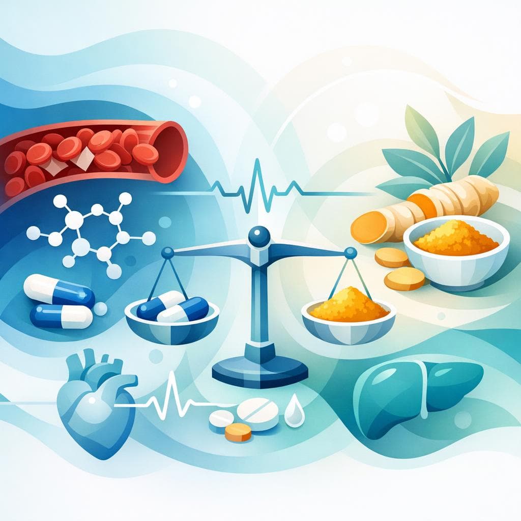 Medical illustration for Based on NIH | Is it safe to take turmeric or curcumin supplements while taking warfarin, and could they interact to raise INR or increase bleeding risk? - Persly Health Information